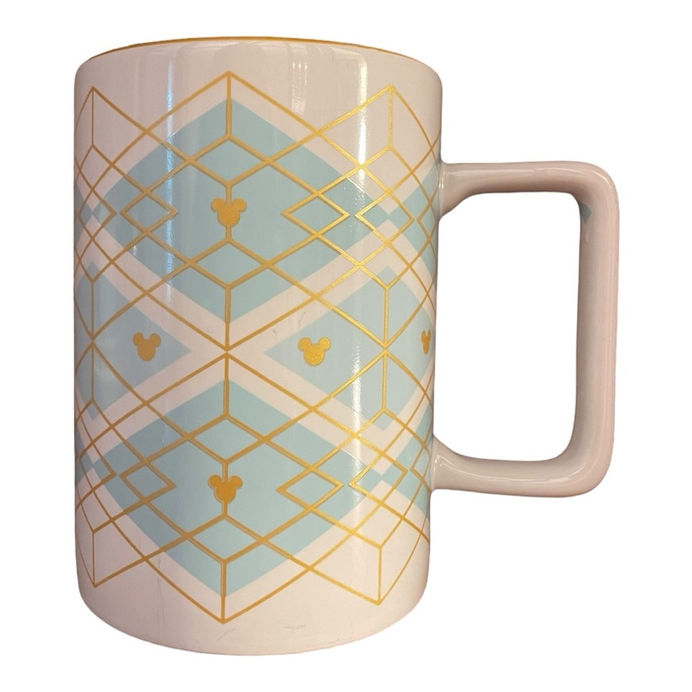 Disney Parks Mickey Mouse Mug Turquoise Blue Gold Art Deco Diamond Geometric